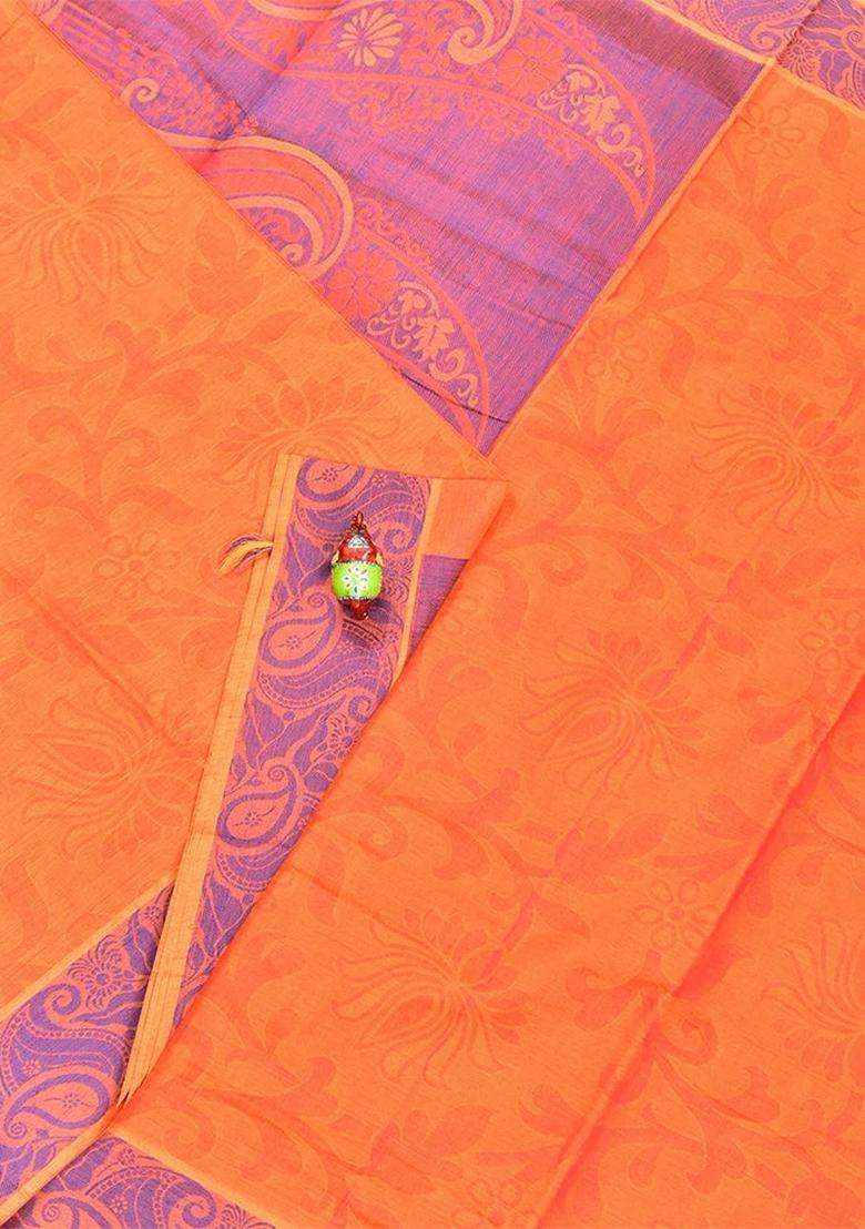 Coimbatore Cotton Orange Emboss Saree With Thread Woven Border With Traditional Woven Design For Women - Indya