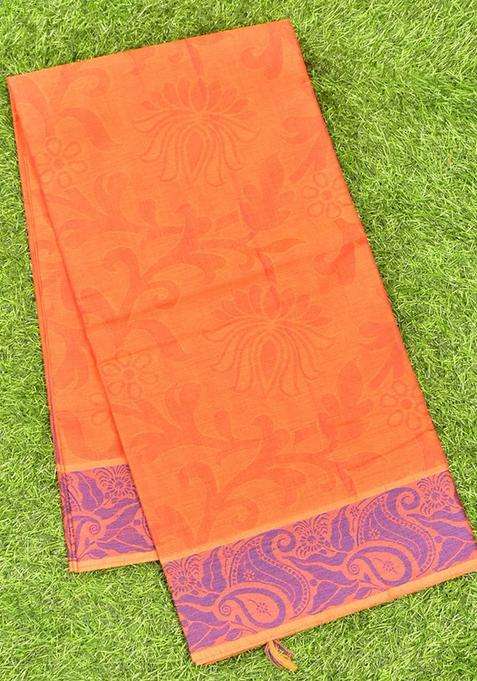 Coimbatore Cotton Orange Emboss Saree With Thread Woven Border With Traditional Woven Design For Women