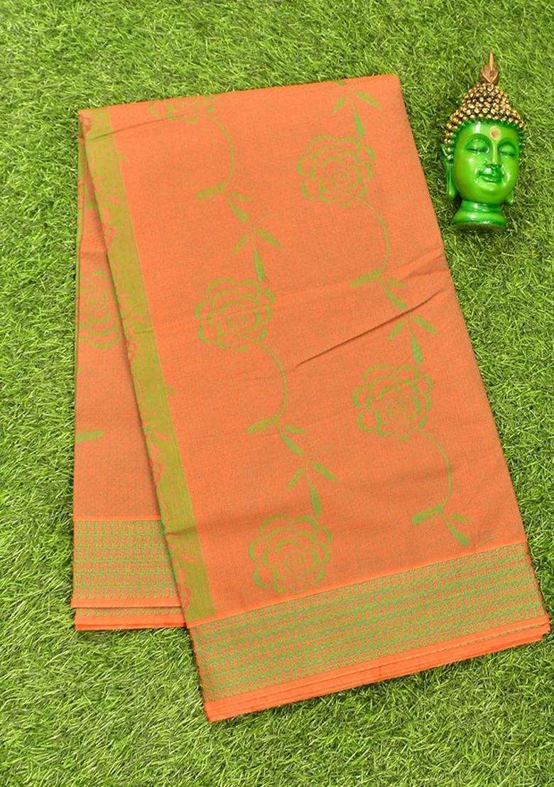 Coimbatore Cotton Orange And Green Shade Allself Saree With Thread Woven Border With Traditional Woven Design For Women - Indya