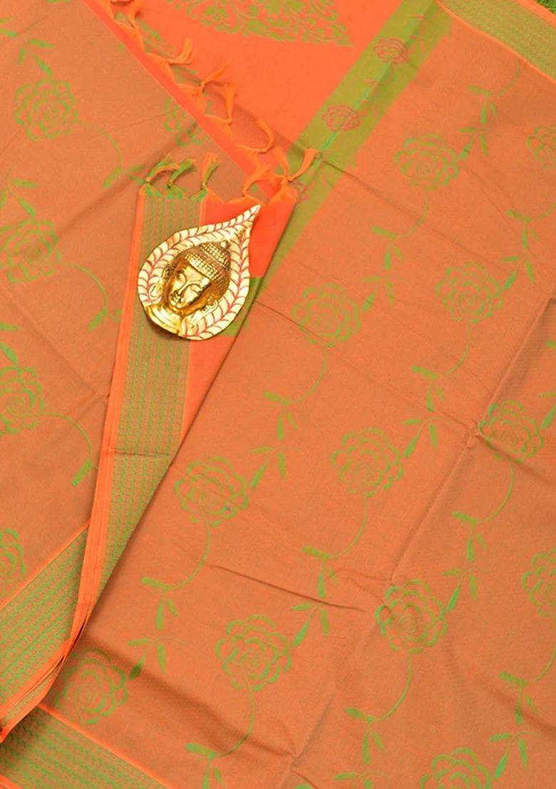 Coimbatore Cotton Orange And Green Shade Allself Saree With Thread Woven Border With Traditional Woven Design For Women - Indya