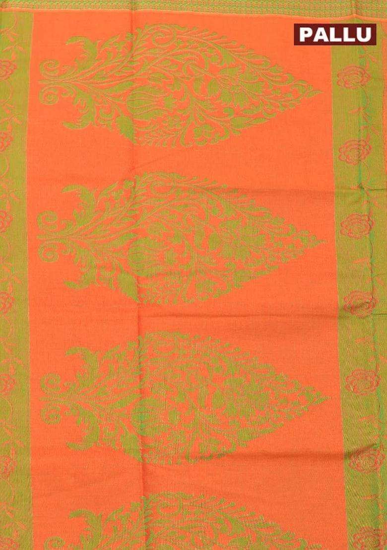 Coimbatore Cotton Orange And Green Shade Allself Saree With Thread Woven Border With Traditional Woven Design For Women - Indya