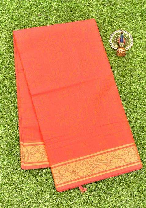 Coimbatore Cotton Red Emboss Saree With Thread Woven Border With Traditional Woven Design For Women