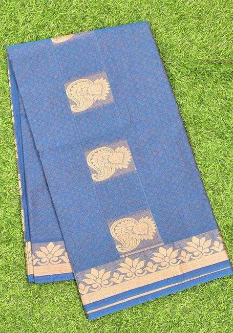 Coimbatore Cotton Blue Butta Saree With Thread Woven Border With Buttas And Brocade Design For Women