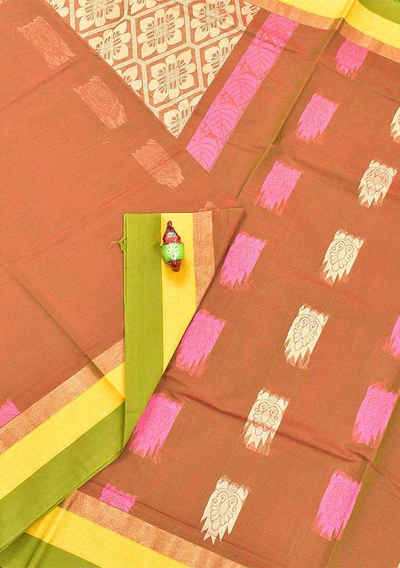 Coimbatore Cotton Brown Butta Saree With Plain Border With Buttas And Brocade Design For Women - Indya