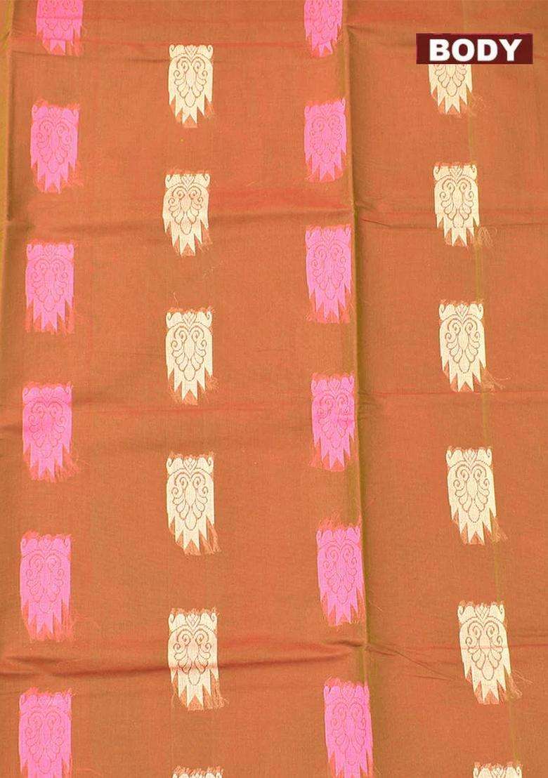 Coimbatore Cotton Brown Butta Saree With Plain Border With Buttas And Brocade Design For Women - Indya