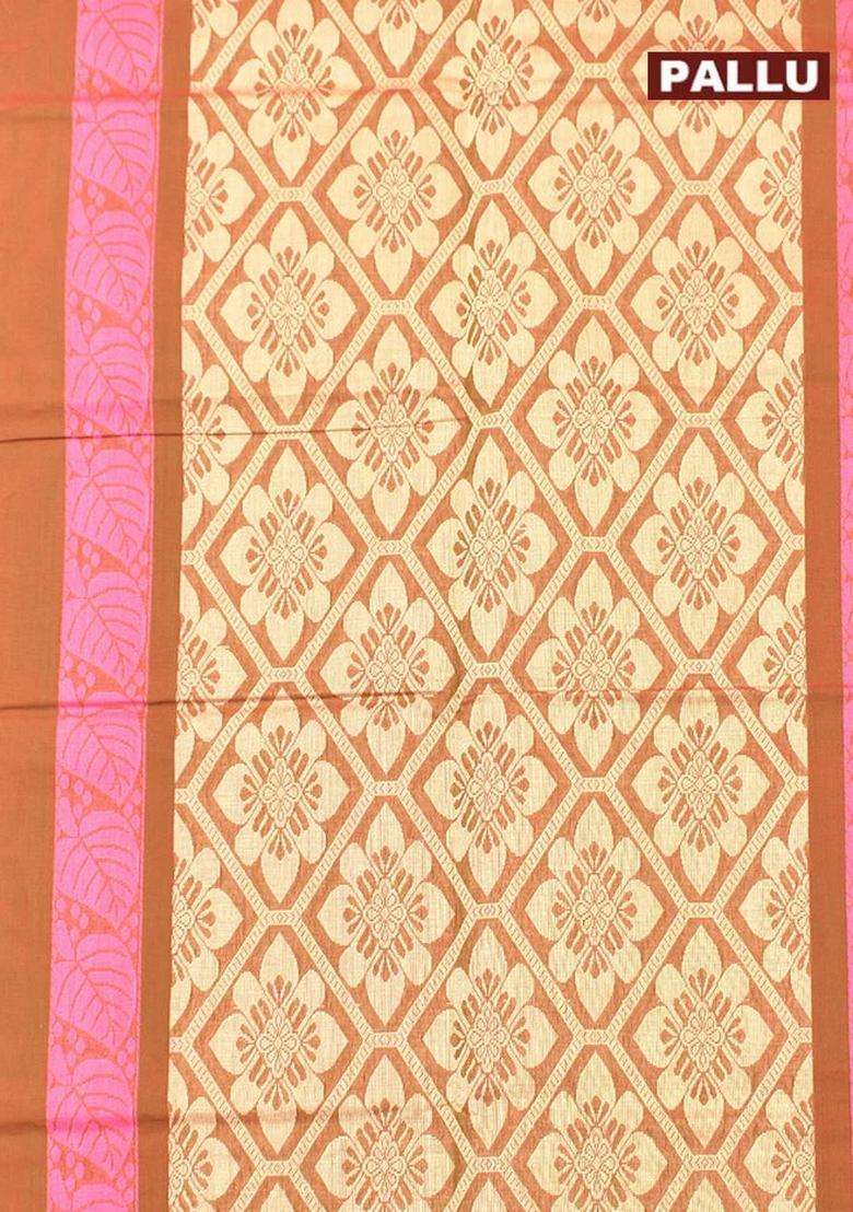 Coimbatore Cotton Brown Butta Saree With Plain Border With Buttas And Brocade Design For Women - Indya