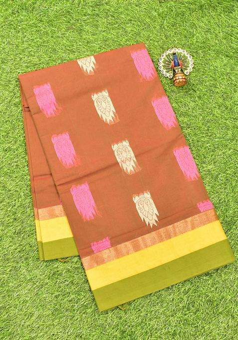 Coimbatore Cotton Brown Butta Saree With Plain Border With Buttas And Brocade Design For Women