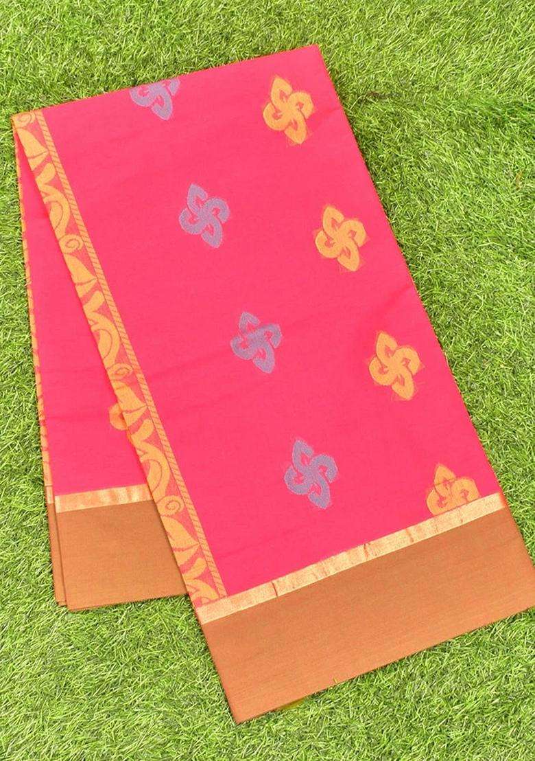 Coimbatore Cotton Dark Pink Butta Saree With Plain Border With Buttas And Brocade Design For Women - Indya