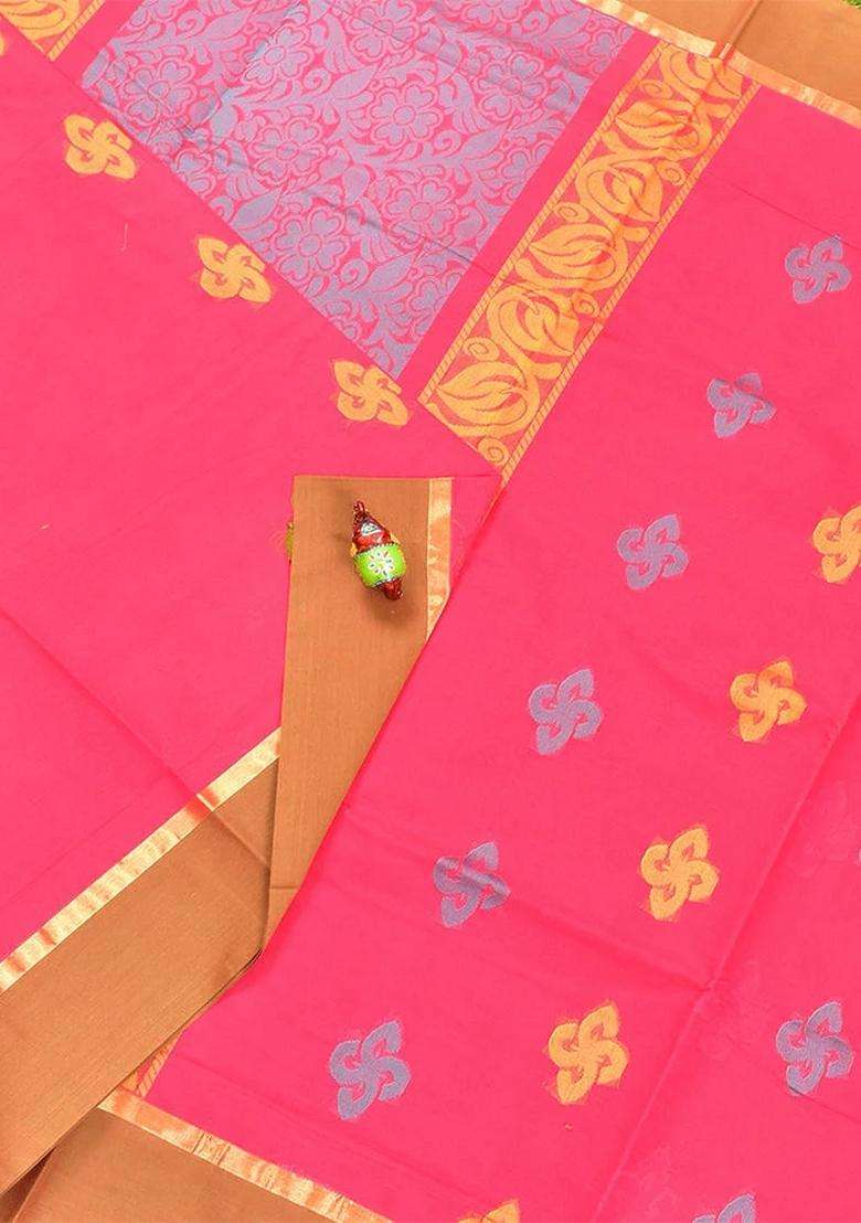 Coimbatore Cotton Dark Pink Butta Saree With Plain Border With Buttas And Brocade Design For Women - Indya