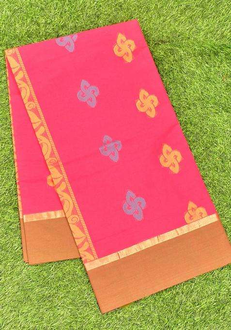 Coimbatore Cotton Dark Pink Butta Saree With Plain Border With Buttas And Brocade Design For Women
