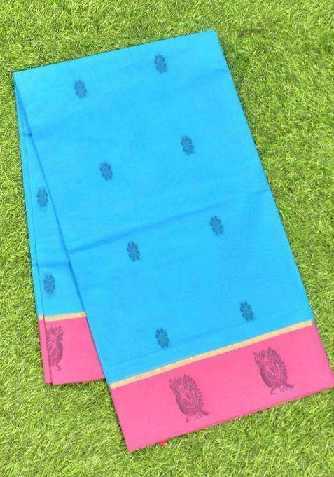 Coimbatore Cotton Blue Butta Saree With Plain Border With Buttas And Brocade Design For Women