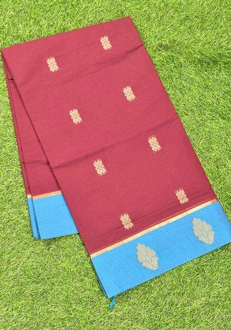 Coimbatore Cotton Maroon Butta Saree With Plain Border With Buttas And Brocade Design For Women