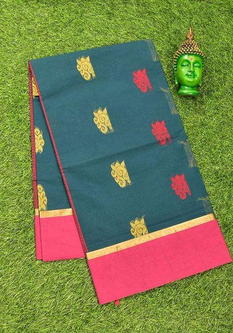 Coimbatore Cotton Navy Blue Butta Saree With Plain Border With Buttas And Brocade Design For Women