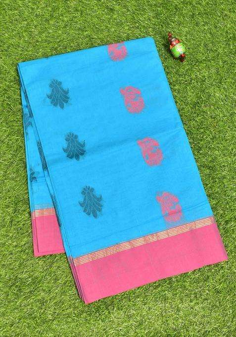 Coimbatore Cotton Blue Butta Saree With Plain Border With Buttas And Brocade Design For Women
