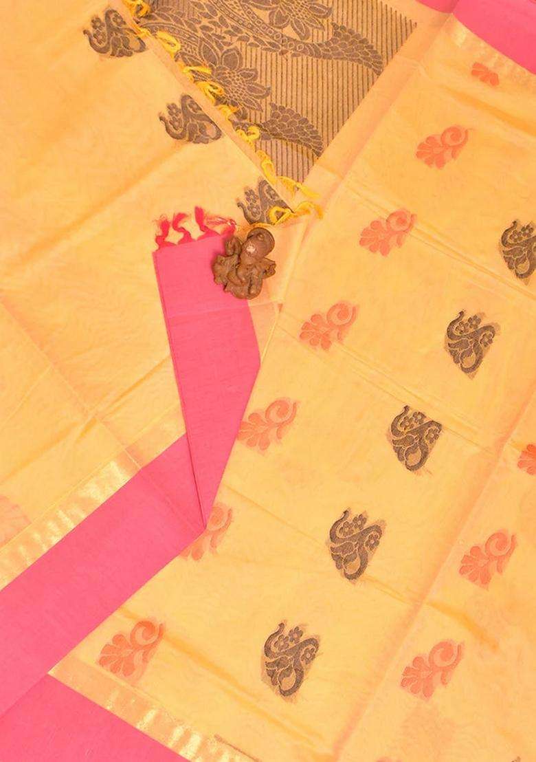 Coimbatore Cotton Orange Butta Saree With Plain Border With Buttas And Brocade Design For Women - Indya