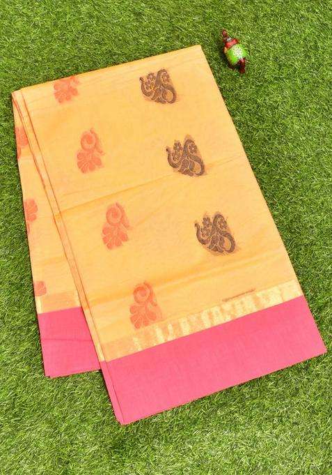 Coimbatore Cotton Orange Butta Saree With Plain Border With Buttas And Brocade Design For Women