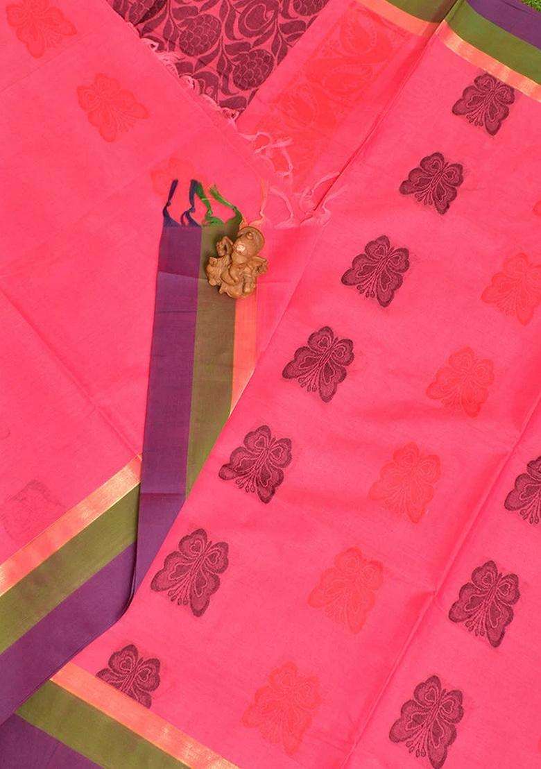 Coimbatore Cotton Dark Pink Butta Saree With Plain Border With Buttas And Brocade Design For Women - Indya