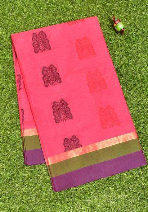Coimbatore Cotton Dark Pink Butta Saree With Plain Border With Buttas And Brocade Design For Women