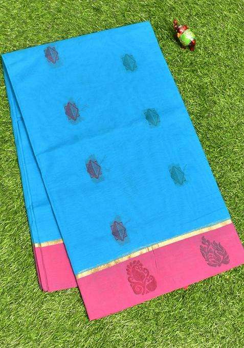 Coimbatore Cotton Blue Butta Saree With Plain Border With Buttas And Brocade Design For Women