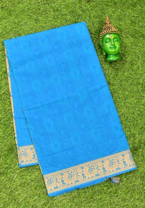 Coimbatore Cotton Blue Emboss Saree With Thread Woven Border With Traditional Woven Design For Women