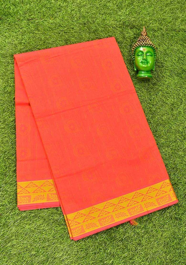 Coimbatore Cotton Dark Orange Emboss Saree With Thread Woven Border With Traditional Woven Design For Women - Indya