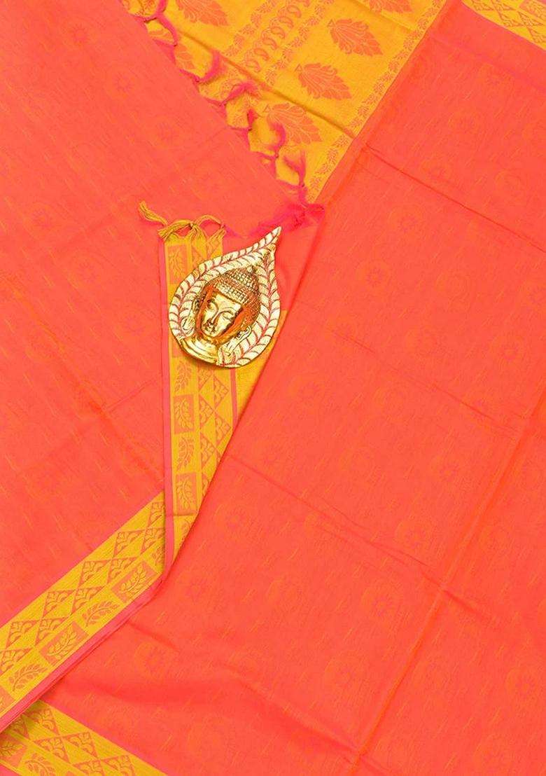 Coimbatore Cotton Dark Orange Emboss Saree With Thread Woven Border With Traditional Woven Design For Women - Indya