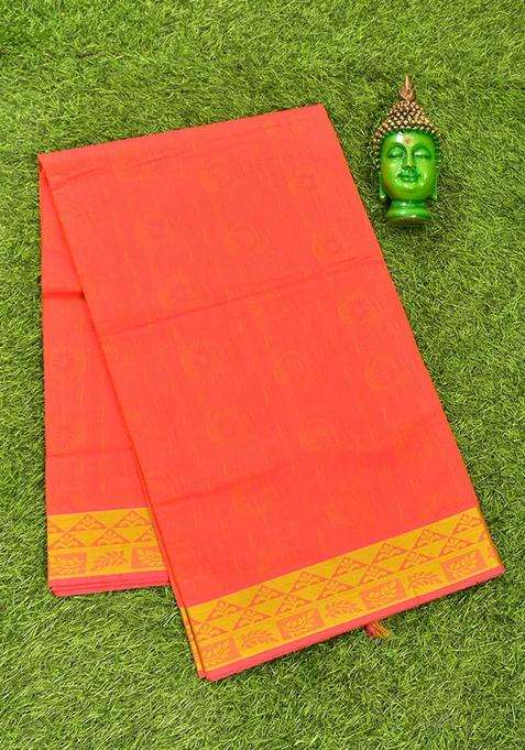 Coimbatore Cotton Dark Orange Emboss Saree With Thread Woven Border With Traditional Woven Design For Women
