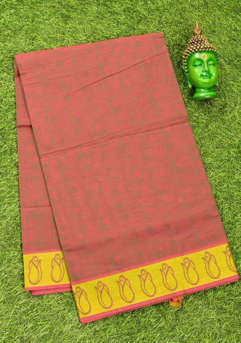 Coimbatore Cotton Brown And Green Shade Emboss Saree With Thread Woven Border With Traditional Woven Design For Women - Indya