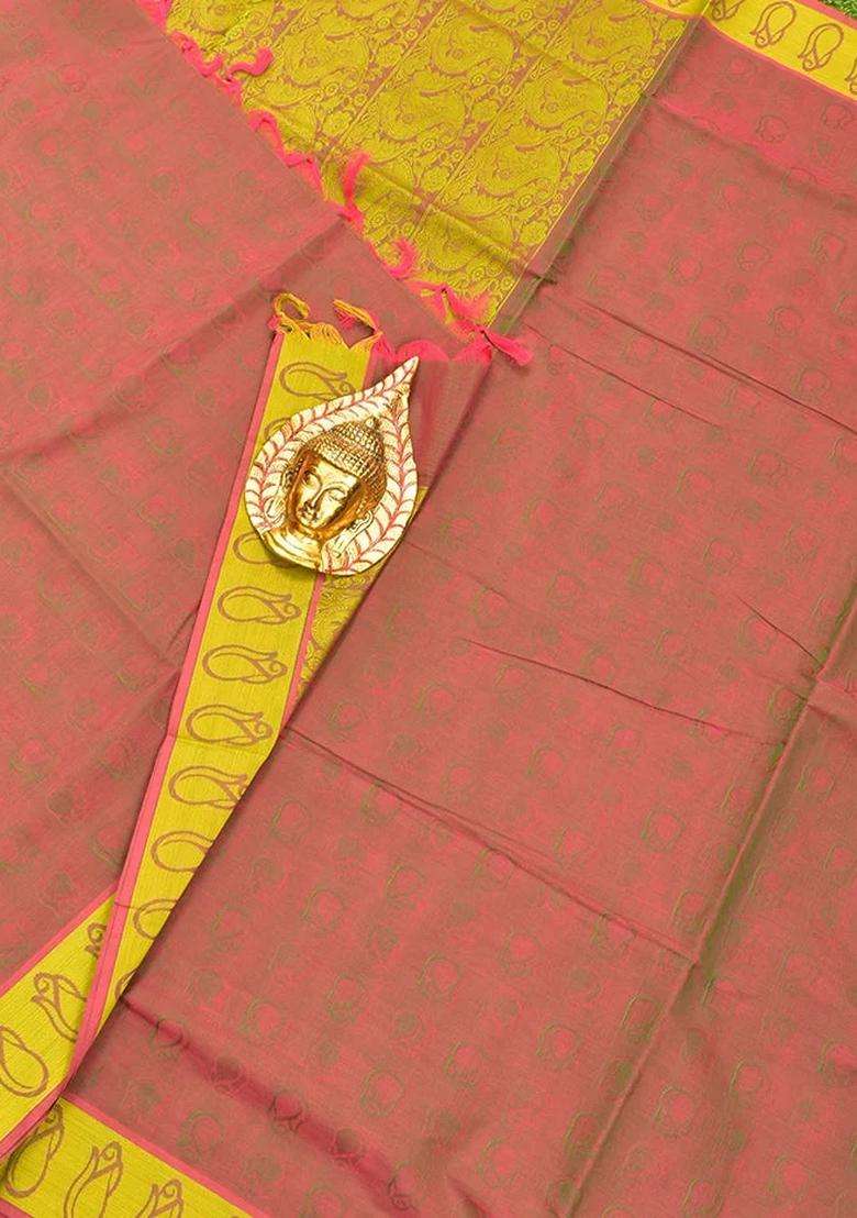 Coimbatore Cotton Brown And Green Shade Emboss Saree With Thread Woven Border With Traditional Woven Design For Women - Indya