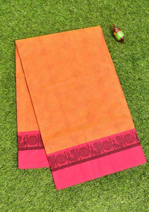 Coimbatore Cotton Orange Fancy Emboss Art Silk Saree With Thread Woven Border With Traditional Woven Design For Women