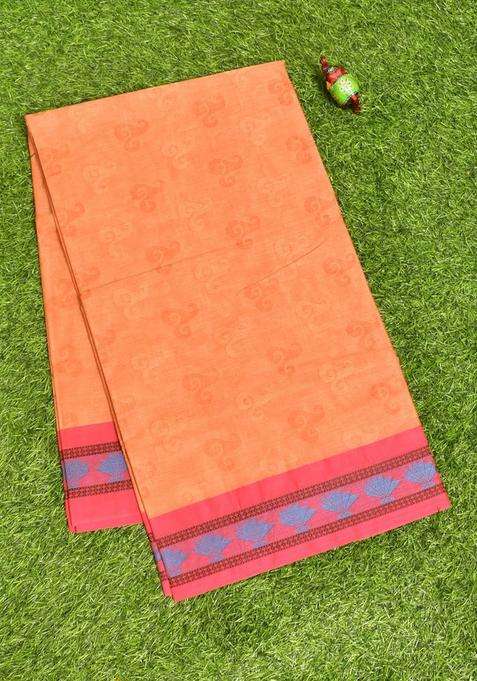 Coimbatore Cotton Orange Fancy Emboss Art Silk Saree With Thread Woven Border With Traditional Woven Design For Women