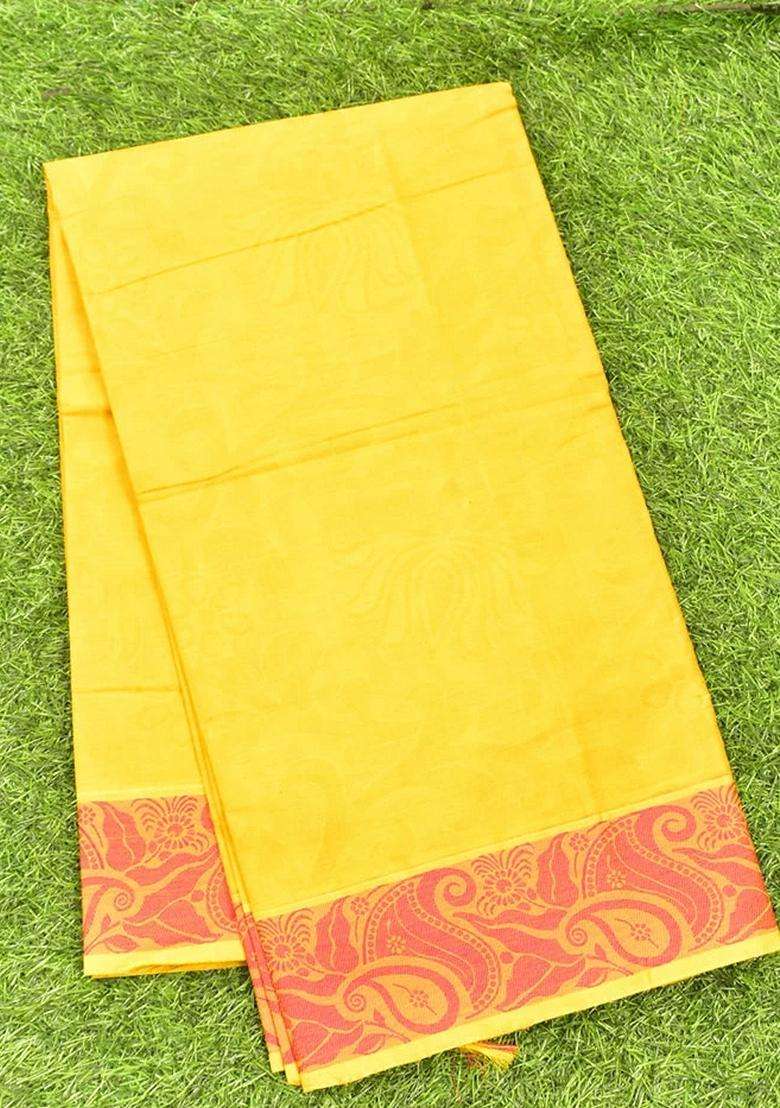 Coimbatore Cotton Yellow Emboss Saree With Thread Woven Border With Traditional Woven Design For Women - Indya