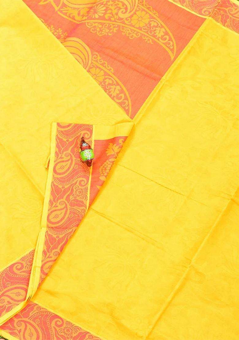 Coimbatore Cotton Yellow Emboss Saree With Thread Woven Border With Traditional Woven Design For Women - Indya