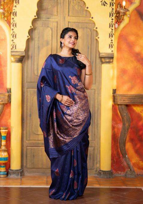 Banarasi Raw Silk Saree Dark Blue With Woven Buttas In Borderless Style With Buttas And Brocade Design For Women