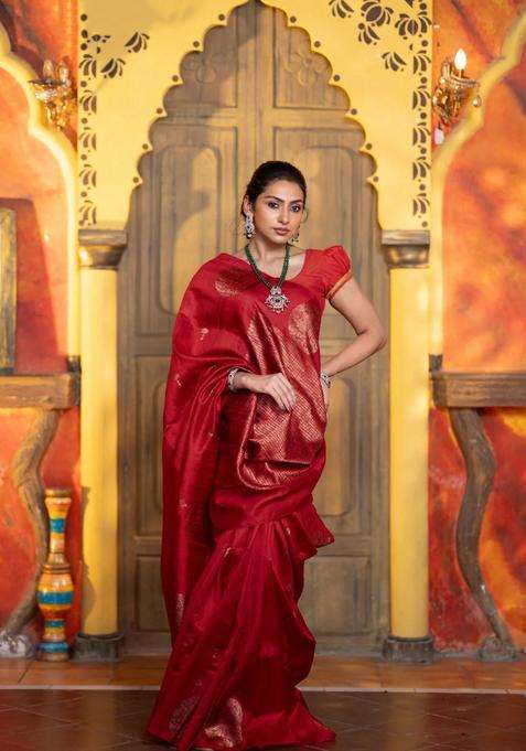 Banarasi Raw Silk Saree Red With Woven Buttas And Butta Border With Buttas And Brocade Design For Women