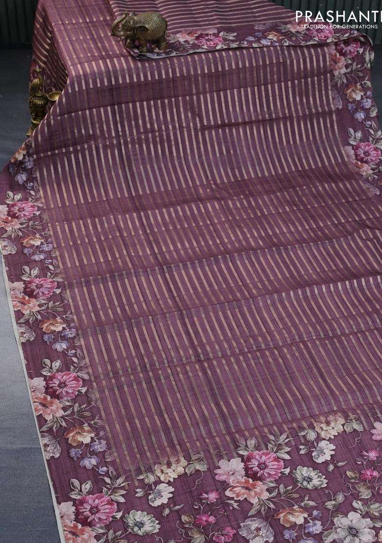 Semi Tussar Saree Brown Shade With Allover Zari Woven Stripes Pattern And Floral Printed Border For Women - Indya