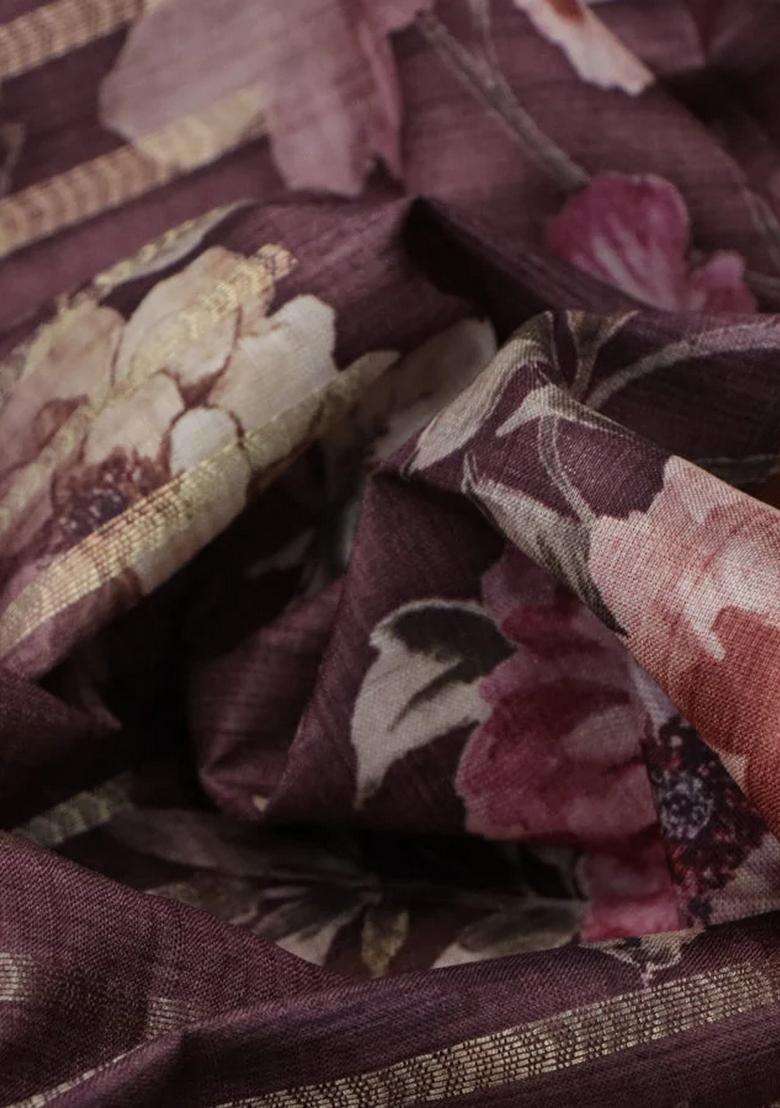 Semi Tussar Saree Brown Shade With Allover Zari Woven Stripes Pattern And Floral Printed Border For Women - Indya