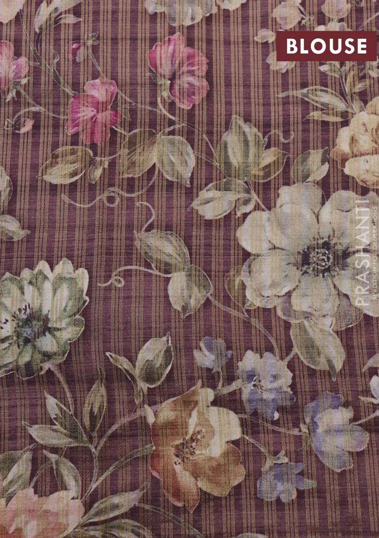 Semi Tussar Saree Brown Shade With Allover Zari Woven Stripes Pattern And Floral Printed Border For Women - Indya