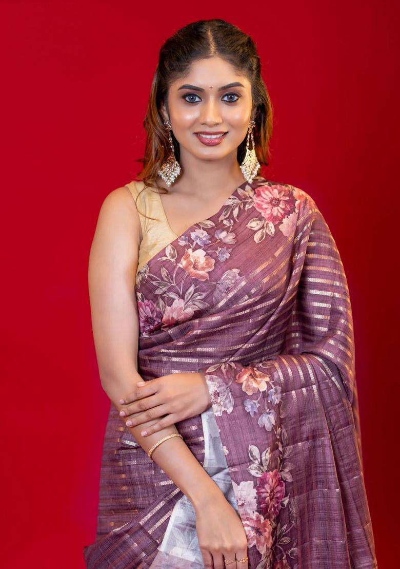 Semi Tussar Saree Brown Shade With Allover Zari Woven Stripes Pattern And Floral Printed Border For Women - Indya