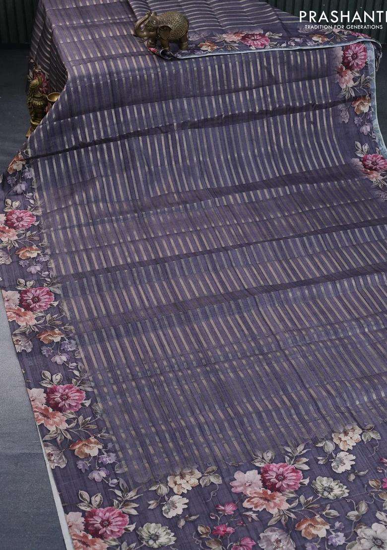 Semi Tussar Saree Grey Shade With Allover Zari Woven Stripes Pattern And Floral Printed Border For Women - Indya