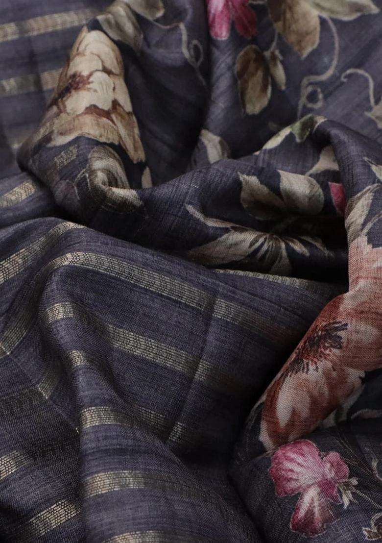 Semi Tussar Saree Grey Shade With Allover Zari Woven Stripes Pattern And Floral Printed Border For Women - Indya