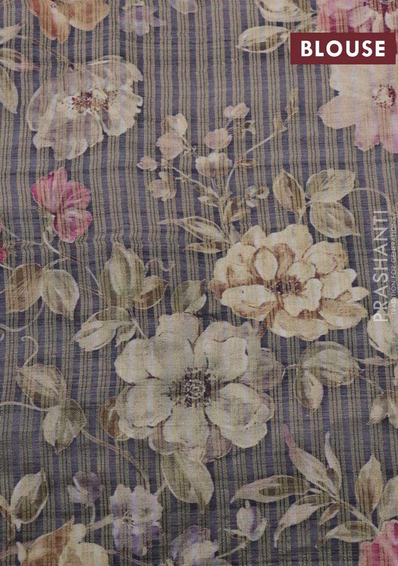 Semi Tussar Saree Grey Shade With Allover Zari Woven Stripes Pattern And Floral Printed Border For Women - Indya