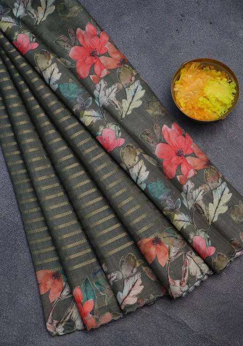 Semi Tussar Saree Sap Green With Allover Zari Woven Veldhari Design And Floral Printed Border For Women