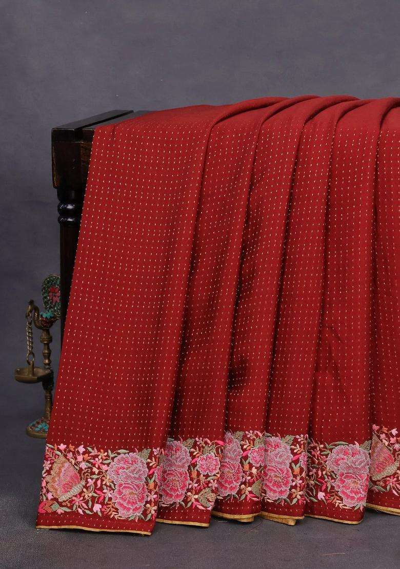 Pure Crepe Saree Maroon Shade With Allover Zari Woven Butta Weaves And Embroidery Work Border With Embroidered Design For Women - Indya