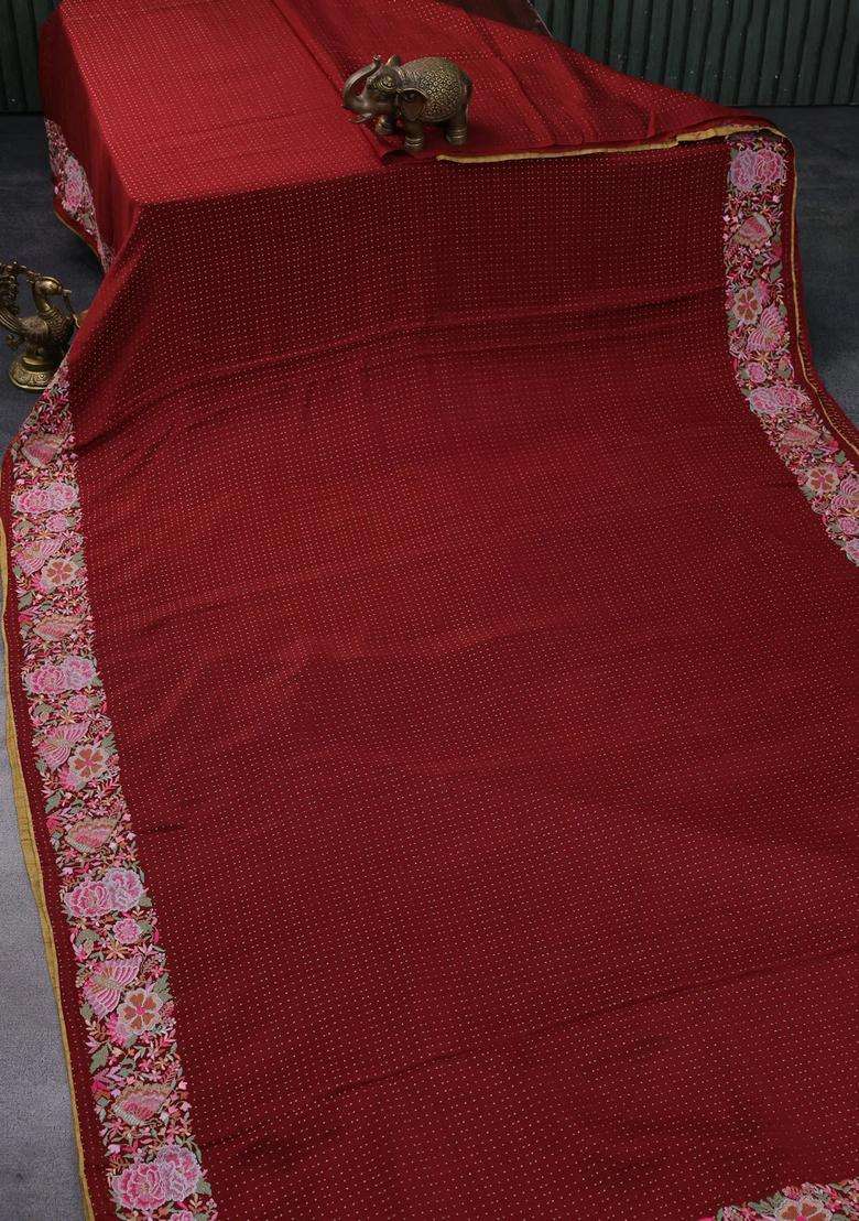 Pure Crepe Saree Maroon Shade With Allover Zari Woven Butta Weaves And Embroidery Work Border With Embroidered Design For Women - Indya