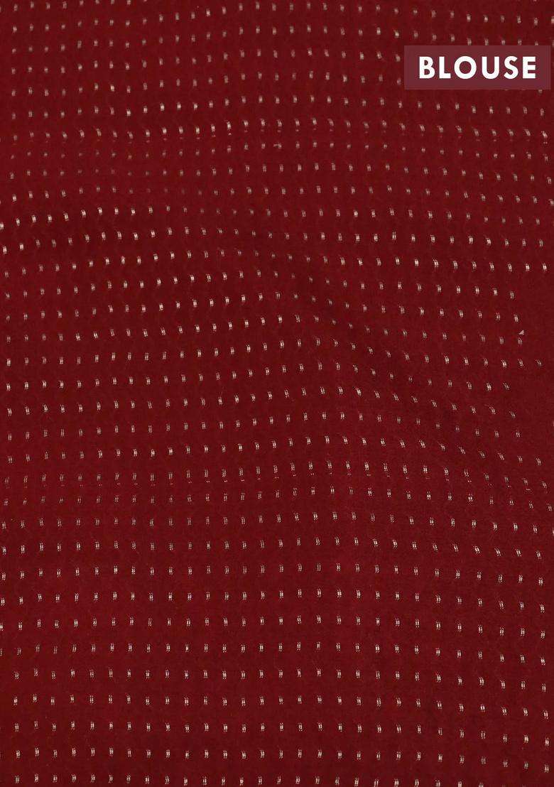 Pure Crepe Saree Maroon Shade With Allover Zari Woven Butta Weaves And Embroidery Work Border With Embroidered Design For Women - Indya