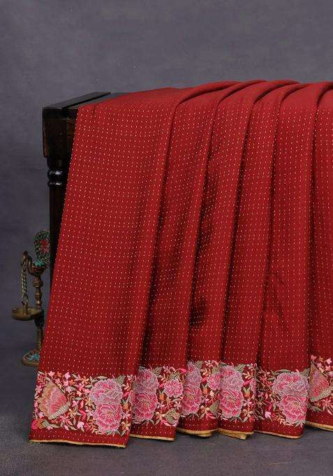 Pure Crepe Saree Maroon Shade With Allover Zari Woven Butta Weaves And Embroidery Work Border With Embroidered Design For Women