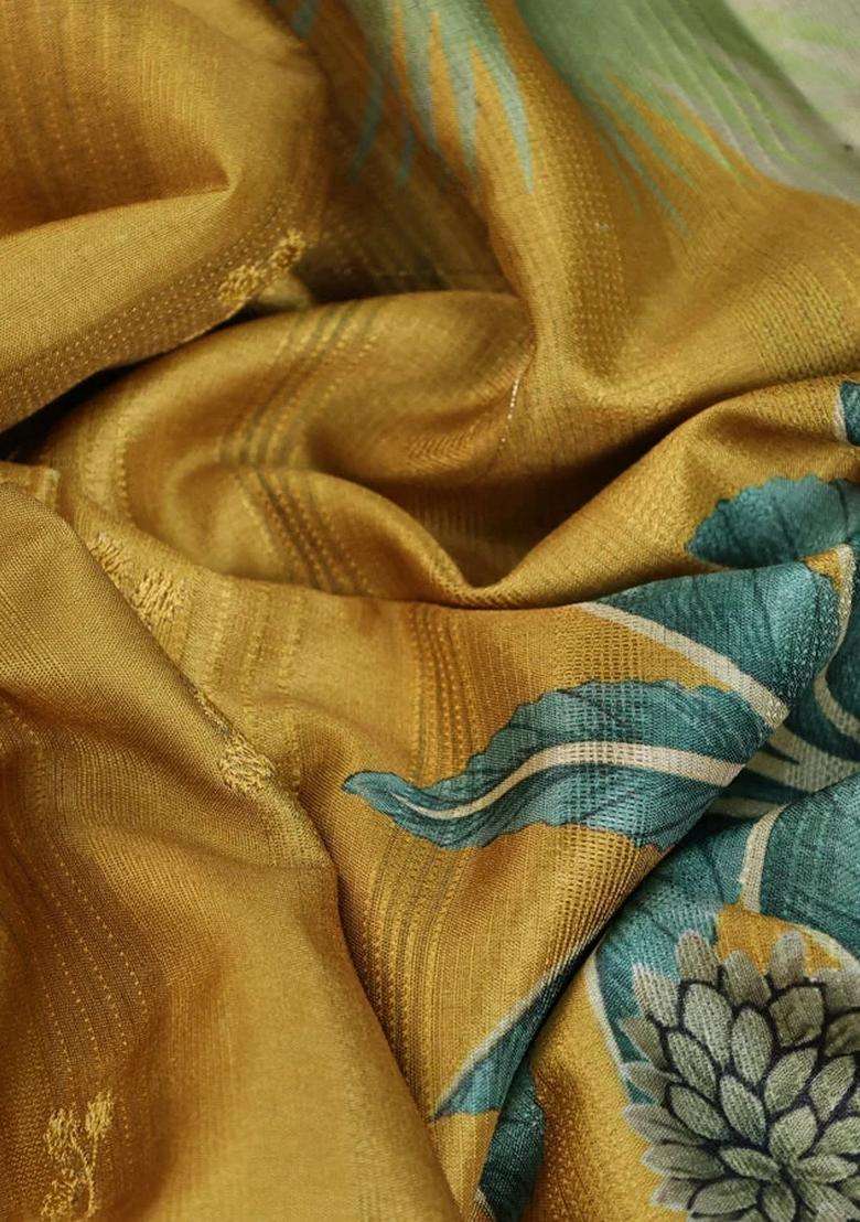Semi Tussar Partly Saree Mustard Shade With Thread Woven Buttas Ajrakh Prints And Lace Work Border Pichwai Printed Pallu For Women - Indya