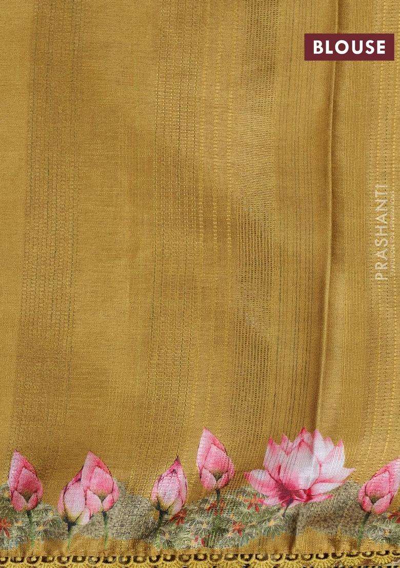 Semi Tussar Partly Saree Mustard Shade With Thread Woven Buttas Ajrakh Prints And Lace Work Border Pichwai Printed Pallu For Women - Indya