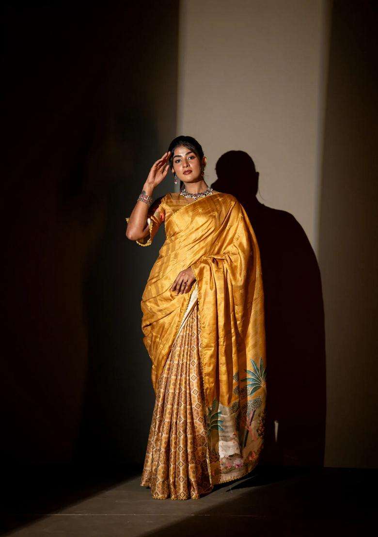 Semi Tussar Partly Saree Mustard Shade With Thread Woven Buttas Ajrakh Prints And Lace Work Border Pichwai Printed Pallu For Women - Indya